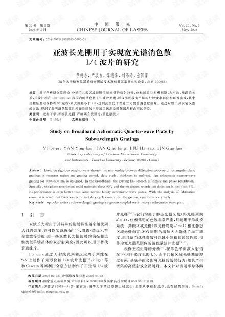 亚波长光栅用于实现宽光谱消色散 1/4波片的研究