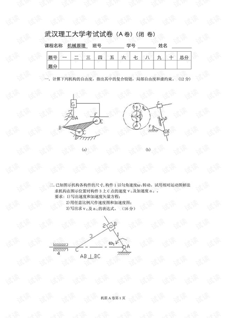 武汉理工大学《机械原理》期末试卷及参考答案.pdf