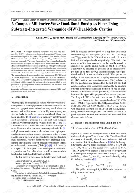 使用衬底集成波导(SIW)双模腔的紧凑型毫米波双带通滤波器