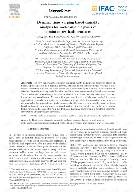 基于动态时间规整的因果关系分析,用于非平稳故障过程的根本原因诊断