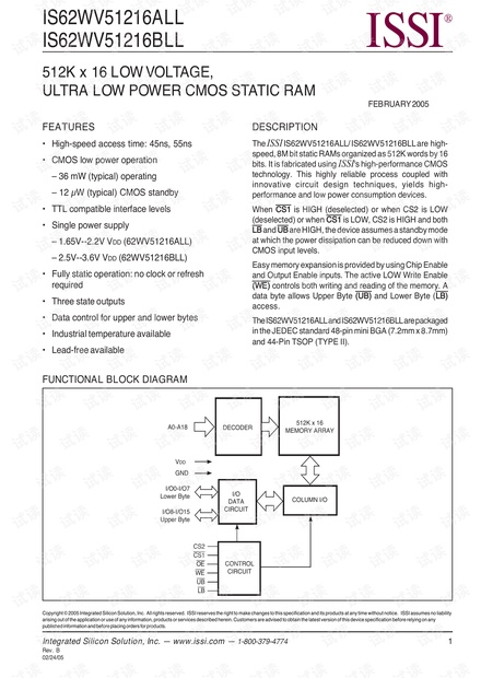 ISSI IS62WV51216ALL/BLL：低功耗CMOS静态RAM技术规格 - CSDN文库
