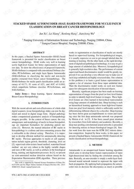 基于堆叠稀疏自动编码器(SSAE)的乳腺癌组织病理学核补丁分类框架