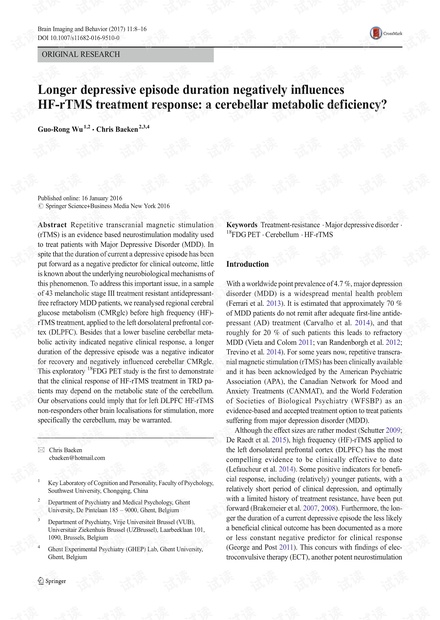 较长的抑郁发作持续时间会对HF-rTMS治疗React产生负面影响:小脑代谢缺乏症?