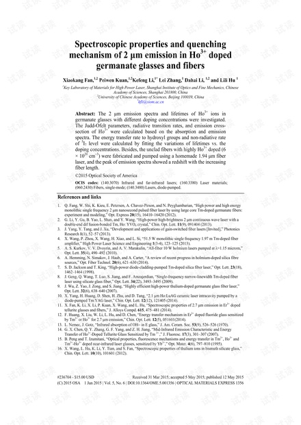 Ho3 +掺杂的德国锗玻璃和纤维中2μm发射的光谱性质和猝灭机理