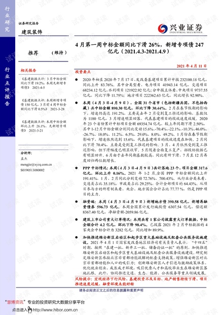 20210411-兴业证券-建筑装饰行业:4月第一周中标金额同比下滑26%,新增专项债247亿元.pdf