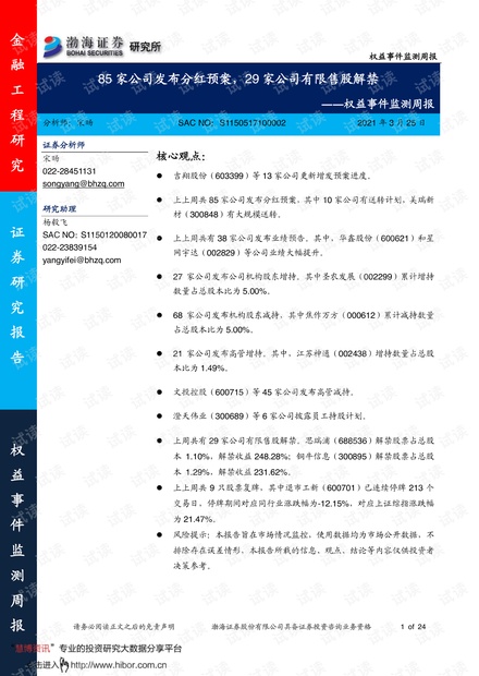 20210325-渤海证券-权益事件监测周报:85家公司发布分红预案,29家公司有限售股解禁.pdf