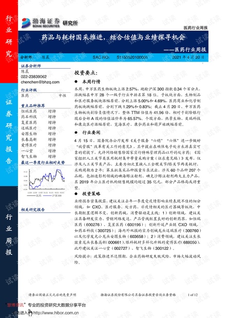 20210420-渤海证券-医药行业周报:药品与耗材国采推进,结合估值与业绩探寻机会.pdf