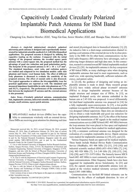 ISM频段生物医学应用的电容负载圆极化植入式贴片天线