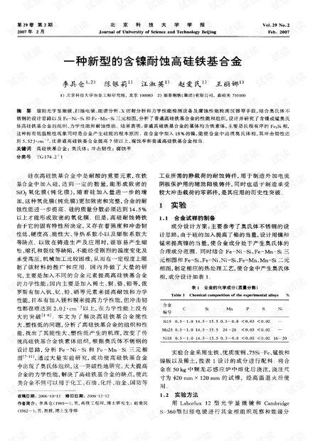 一种新型的含镍耐蚀高硅铁基合金 (2007年)