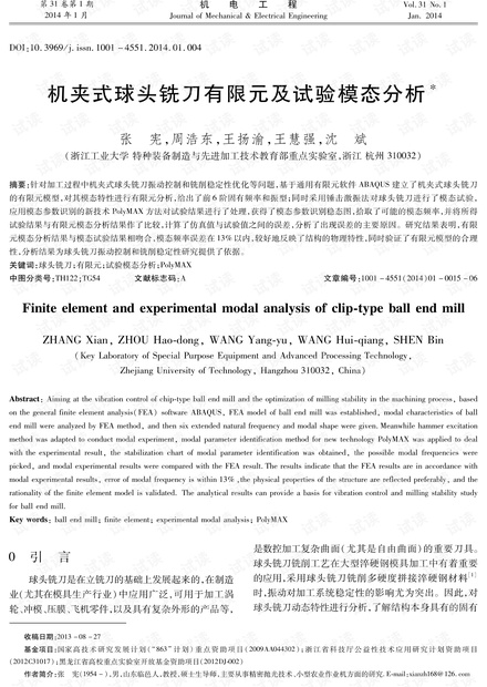 机夹式球头铣刀有限元及试验模态分析 (2014年)