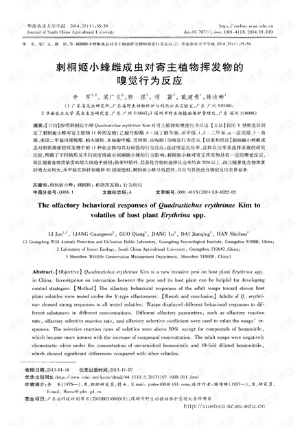 刺桐姬小蜂雌成虫对寄主植物挥发物的嗅觉行为反应 (2014年)