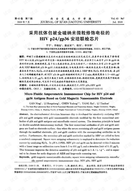 采用抗体包被金磁纳米微粒修饰电极的HIV p24/gp36安培联检芯片 (2009年)