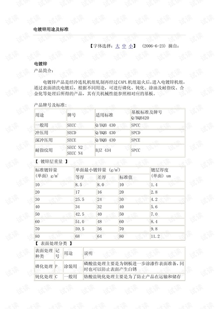 电镀锌用途及相关技术标准