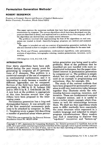 R.Sedgewick,permutation generation methods