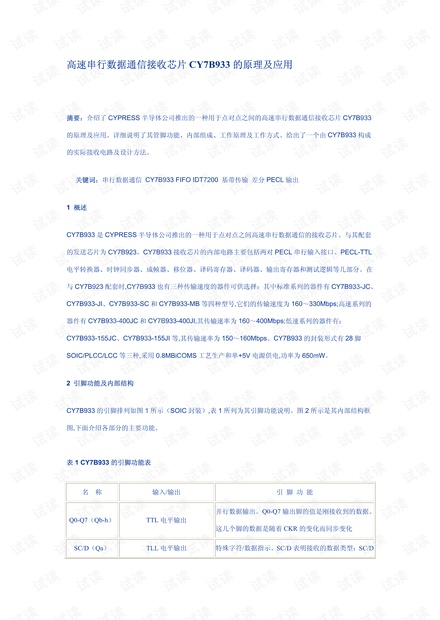 高速串行数据通信接收芯片CY7B933的原理及应用