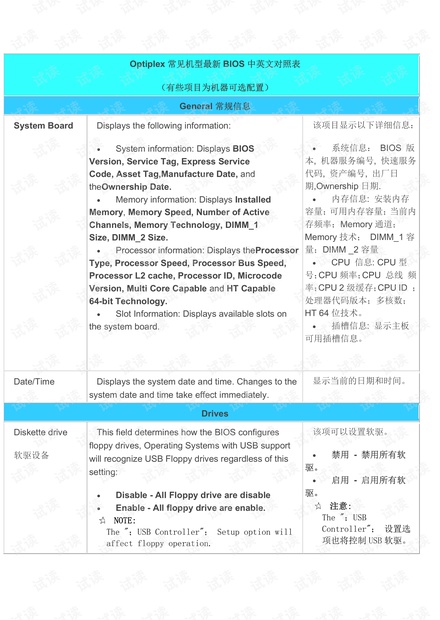 Optiplex 常见机型最新BIOS 中英文对照表