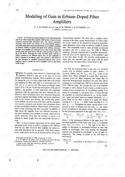 1990-ptl-Modeling of gain in erbium-doped fiber amplifiers.