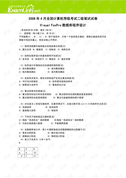 计算机二级VFP历年试题笔试WORD版08年4月