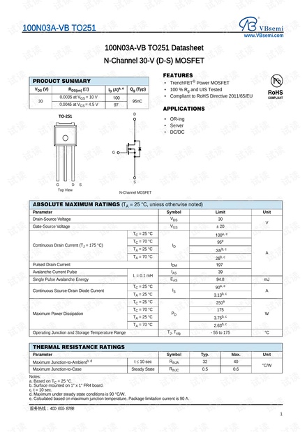 100N03A-VBTO251一款N-Channel沟道TO251的MOSFET晶体管参数介绍与应用说明资源-CSDN文库